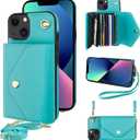 KIHUWEY Compatible with iPhone 13 Crossbody Wallet Case, PU Leather Purse Case with RFID Blocking Card Holder Detachable Wrist Strap Kickstand Cover for iPhone 13 6.1inch-(Mint Green)