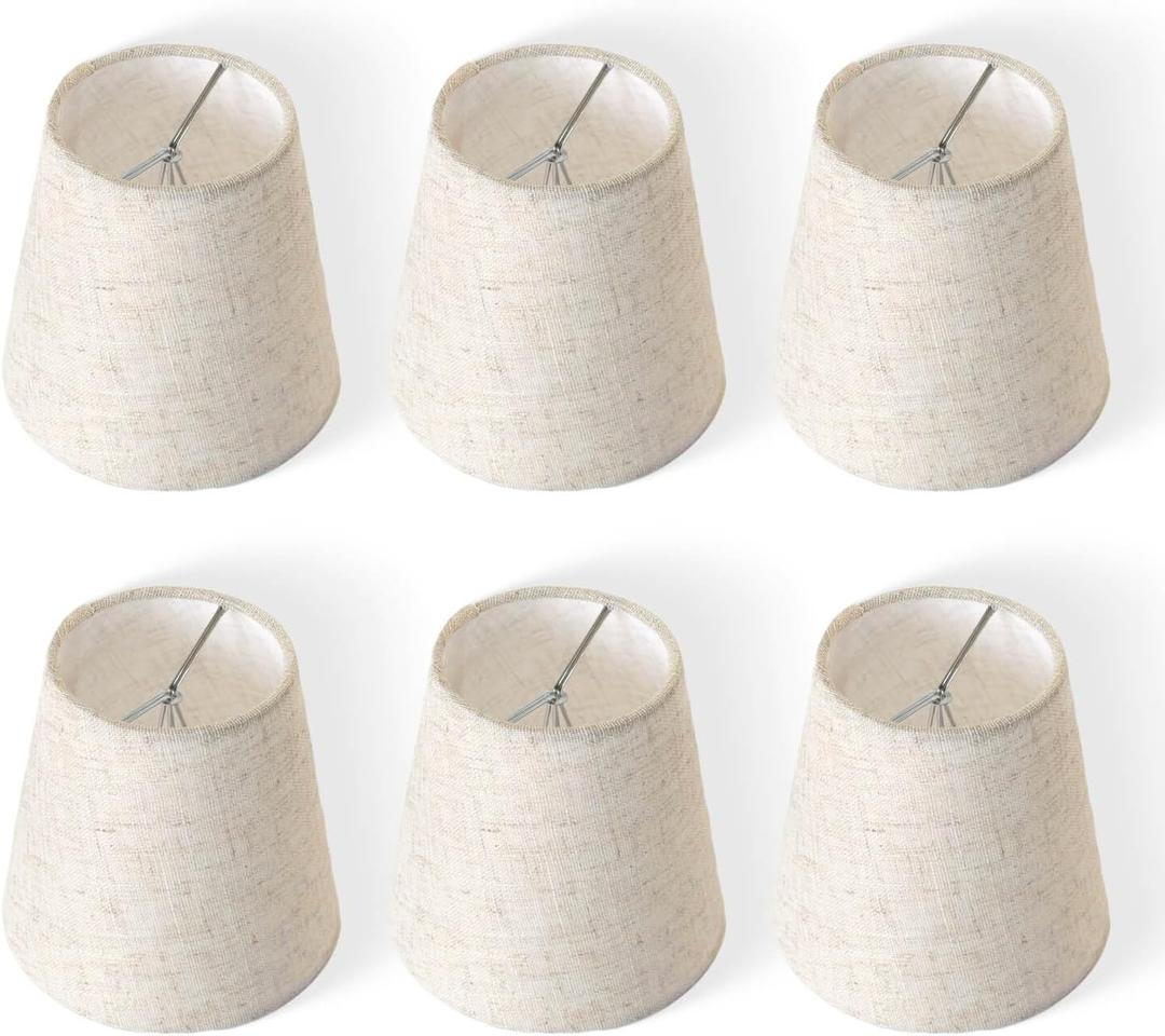Set of 6 Chandelier Lamp Shades, 3.5x5x5.5in Natural Linen Clip-on Lampshades for Candelabra Bulbs, Perfect for Table, Wall & Ceiling Lamps, Beige Soft Glow for Home Decor & Warm Ambience