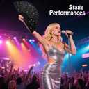 6PCS Glitter Rave Fan,13in Large Folding Hand Rave Fan with 6 Fabric Case Bags, Clack Fans for Line Dancing,Music Festivals,Disco,Glow Party.(Glitter Black)