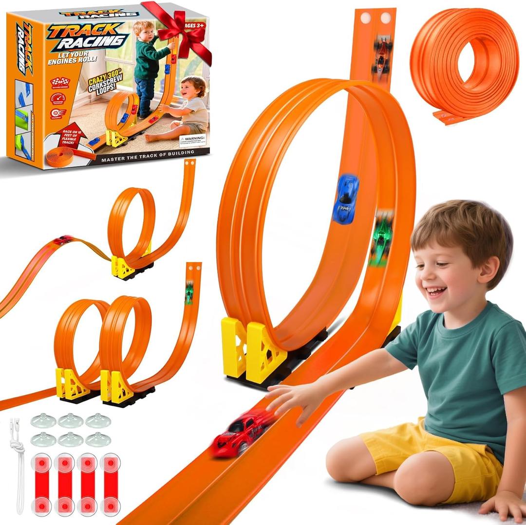 Flexible Race Track Toys for Kids: 15 Ft Rolls Up DIY Racetrack with 4 Cars & 10 Suction Cups - Compatible with Hot Wheels and Diecast 1/ 64th Cars - Birthday Gifts for Age 3-8 Years Old Boys Girls