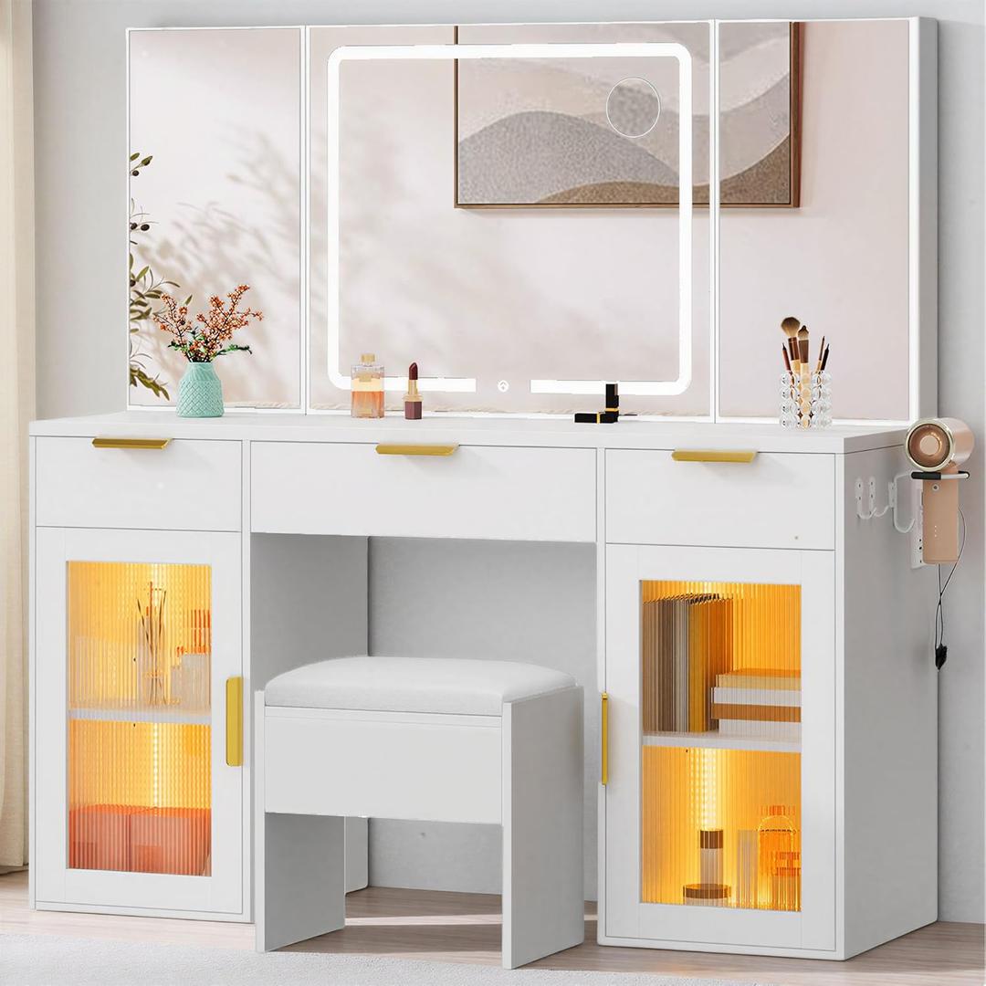 DWVO 56" LED Vanity Desk with Tri‑Fold Mirror & Lights Makeup Vanity Desk with 3 Drawers, 
Size	56.3"
Material	Engineered Wood
Product Dimensions	16.5"D x 56.3"W x 58.3"H