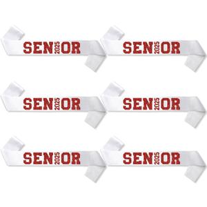 6Pcs White Senior 2025 Satin Sashes with Red Glitter Letters- 2025 Graduation Celebrations Sashes - Senior Cheer Sash - Cheerleader Sash - Class Competition Sashes