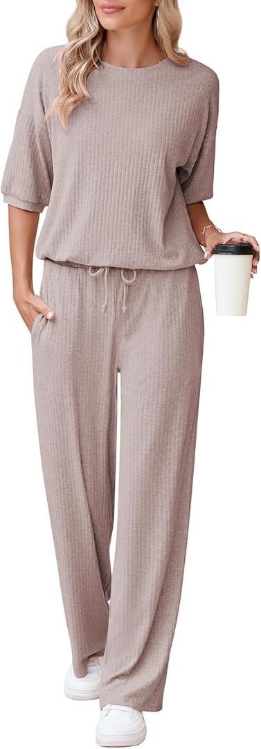 AOHITE Womens 2 Piece Outfits Lounge Sets Short Sleeve Pullover Tops Elastic Wide Leg Pants Set Sweatsuits Tracksuit (Pink, S)