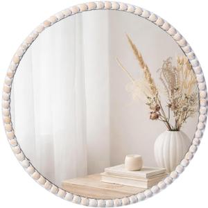 SWTHONY 15inch Small Round Boho Beaded Mirrors for Wall Decor, Cute Decorative Hanging Wooden Circle Nursery Mirror for Girl Room, Bedroom, Livingroom
