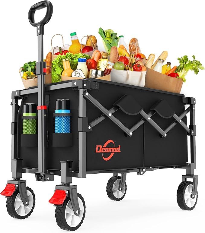 140L Collapsible Folding Wagon Cart with 350LBS Resting Weight Capacity, Heavy Duty Garden Cart with All-Terrain&Brake Wheel, Utility Wagon with Side Pocket for Camping,Shopping,Sports,Black