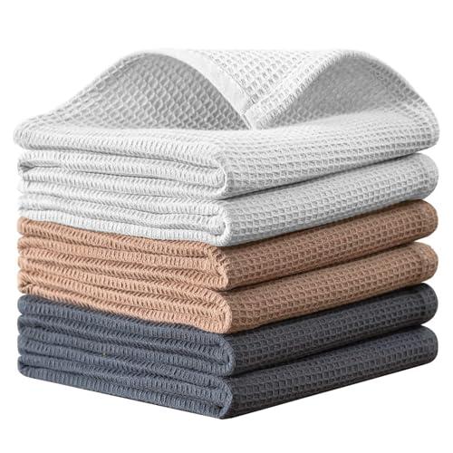 QUILTINA Dish Towels Set,100% Cotton Waffle Weave Kitchen Towels 5Pack,14 x 14 Inches Dish Towels for Kitchen,Super Absorbent for Drying and Cleaning (Khaki,Light Gray, Dark Grey)