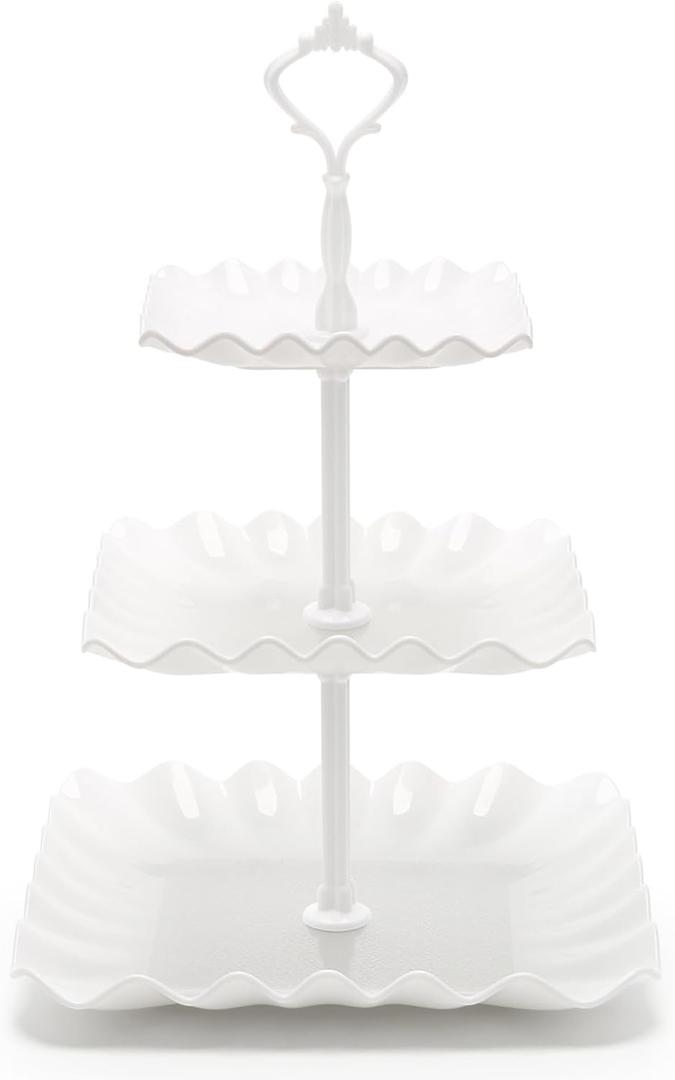 Coitak 3 Tier Cupcake Stand, Plastic Tiered Serving Stand, Wavy Dessert Tray for Tea Party, Birthday and Wedding (Pure White)