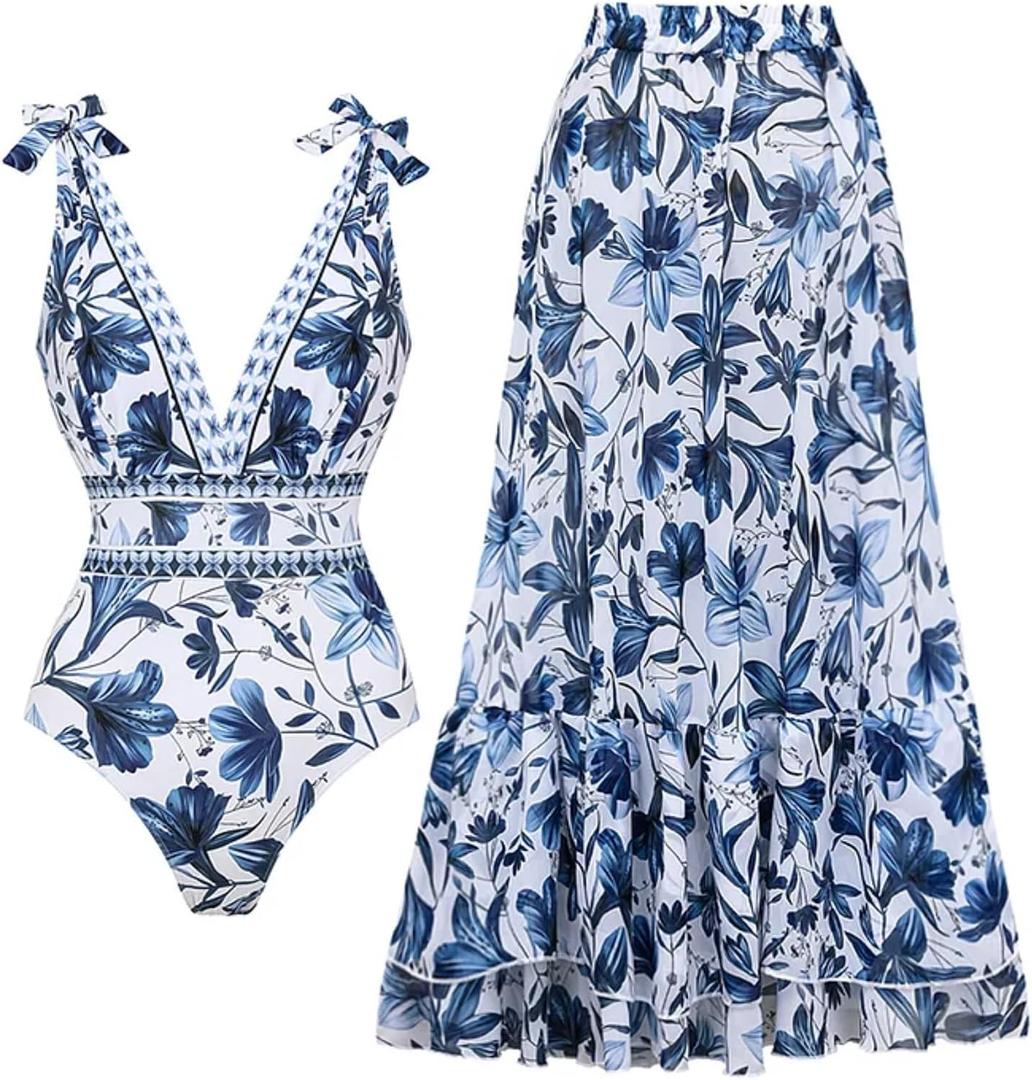FLAXMAKER Blue and White V Neck Lace Up Strip Plant Prints One Piece Swimsuit and Skirt/Sarong (Blue, L)