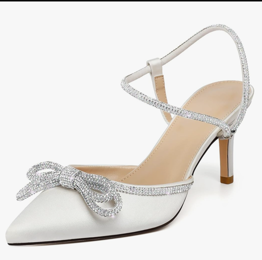Aachcol Womens Close Toe Rhinestone Bow Kitten Heels Pointed Toe Low Heel Bow Pumps Adjustable Ankle Strap Bridal Prom Wedding Dress Shoes 42