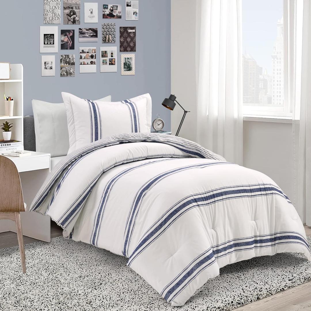 Lush Decor Farmhouse Stripe Reversible Cotton Comforter Set, 2-Piece, Twin XL Navy - Twin Bedding Set - Dorm Decor - Striped Comforter for Farmhouse Bedroom Decor