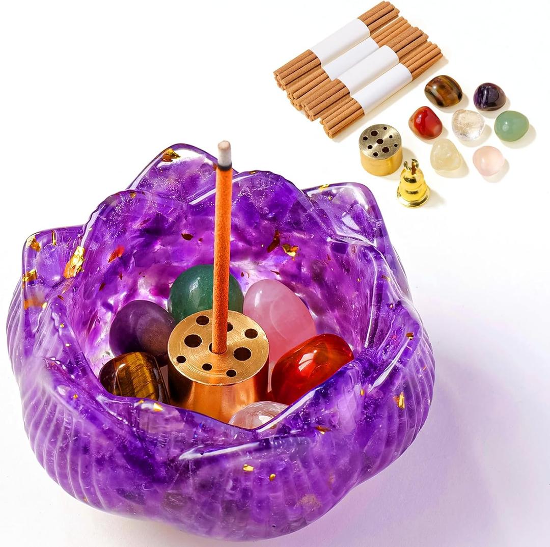15 Pcs Crystal Lotus Incense Burner Set, Amethyst Resin Backflow Type with Removable Ash Catcher & 40 Sticks, for Meditation and Yoga