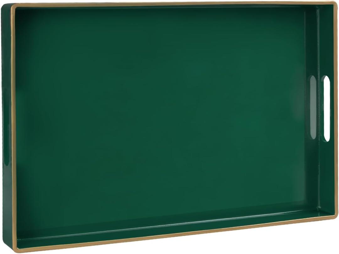 MAONAME Dark Green Decorative Tray, Serving Tray with Handles, Plastic Trays for Coffee Table, Rectangular Trays for Living Room, Bedroom, 15.8" X 10.2" X 1.4"