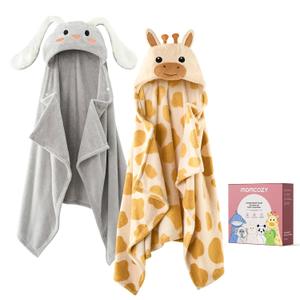 Momcozy Baby Bath Towels with Visualize Health Label - Ultra Soft & Absorbent Coral Fleece Hooded Towels for Newborn, Infant, Toddler (0-36 Months) Bath Essentials (Large Size, 2 Pack) (Giraffe and Rabbit)