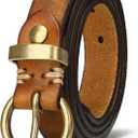 SANSTHS Womens Genuine Leather Belts for Jeans Pants Trendy Vintage Thin Leather Belt Gold Buckle Ladies Skinny Waist Belt (Brown)