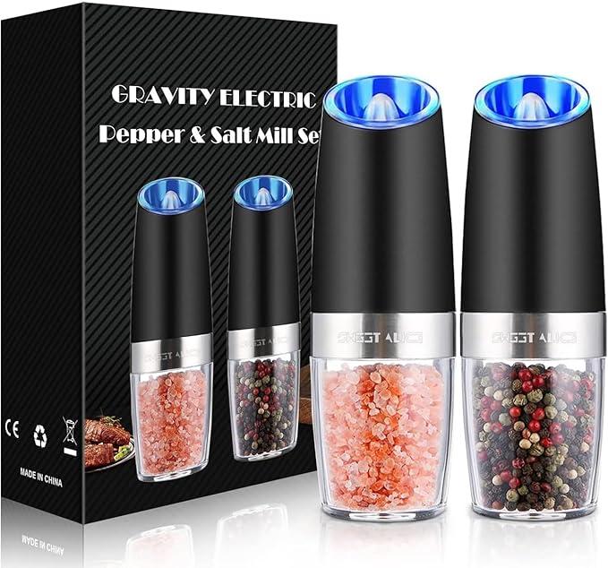 Gravity Electric Salt and Pepper Mill Set, Battery Powered Adjustable Coarseness Grinder, One Hand Operated, Kitchen Essentials (Set/Black)