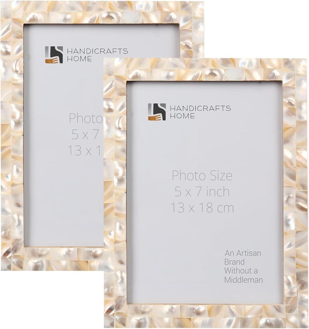 Handicrafts Home 5x7 Picture Frame Set of 2 Mother of Pearl Collection, Handcrafted Photo Frame, Small Picture Frame for Office Desk Decor, Vintage Picture Frames, Gift for Her, Thanksgiving Gift (White)