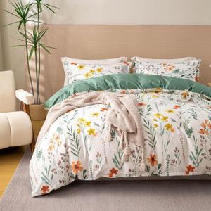 OAITE Duvet Cover Set Queen Size Floral Pattern Ultra Soft 100% Cotton Duvet Cover Sets 3-PC, Breathable Duvet Cover with Zipper Closure & Corner Ties(2 Pillow Shams,1 Duvet Cover)