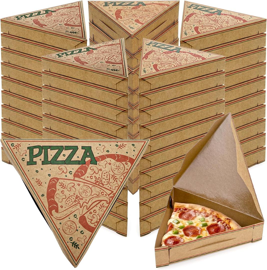 Cididu 100 Pack Pizza Slice Box, Single Disposable Pizza Slice Storage Container, Bulk Pizza Take Out Tray, 9.2'' x 9.0'' x 1.7'' Kraft Triangle Boxes for Leftover Pizza, Birthday Wedding Party Favor