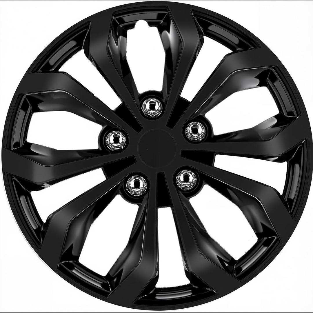 Premium Universal Hubcaps 16 inch, Compatible with Steel Wheels, Set of 4 (Glossy Black)