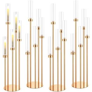 Tessco 5 Arm Candelabra Centerpieces for Tables 42.5'' Tall Floor Candle Holder Metal Candlestick Stand with Acrylic Lampshade for Wedding Holiday Birthday Christmas Party Decor(Gold,4 Set)
