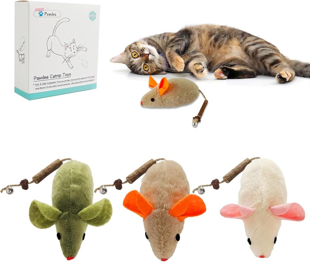 Cat Toys 3Pcs Large Squeak Mice, Interactive Catnip Silvervine Chew Toys for Indoor Cats & Kittens, 8.9" Organic Mouse Toys with Bell, Dental Matatabi Cat Nip Toy for Exercise & Play (A011)