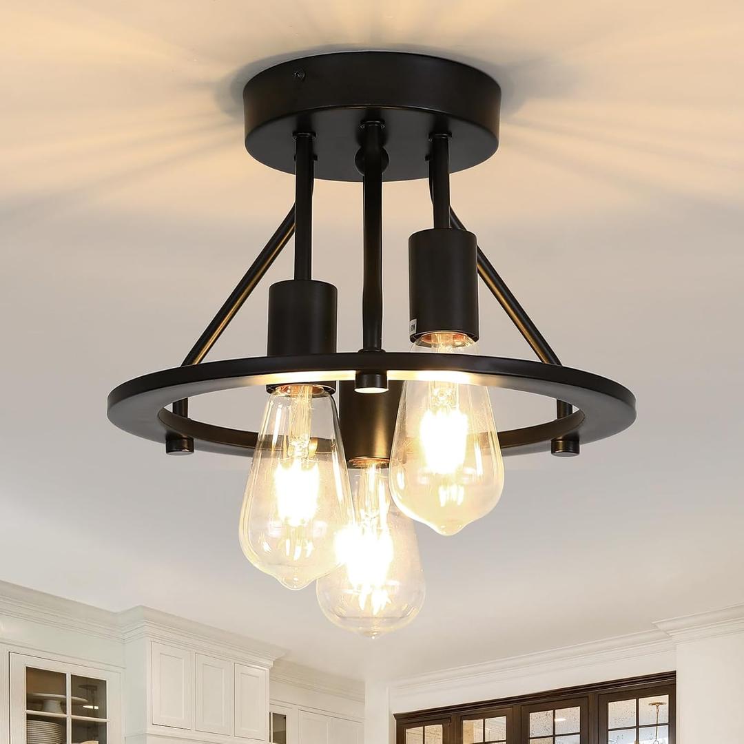Semi Flush Mount Ceiling Light Fixture 3-Light Matte Black Ceiling Light E26 Edison Farmhouse Industrial Small Chandelier for Entryway Hallway Bedroom Kitchen Foyer Passway Balcony