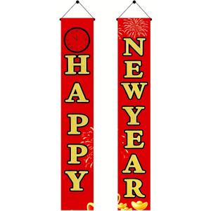 Happy New Year Door Banner Set 71 X 12 Inch Red And Gold Vertical Hanging Porch Decoration Front Door Hanging Sign Holiday Countdown Party Entryway Fireplace Wall Home Decor With