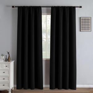 Black 100% Blackout Curtains 84 Inch Length 2 Panels Set, Black Out Curtains for Bedroom 84 Inch Long, Rod Pocket Energy Saving Room Darkening Drapes for Living Room Dining Room Window