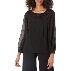 Rebecca Taylor Women's Chiffon Grid Pintuck Top, Black, Medium