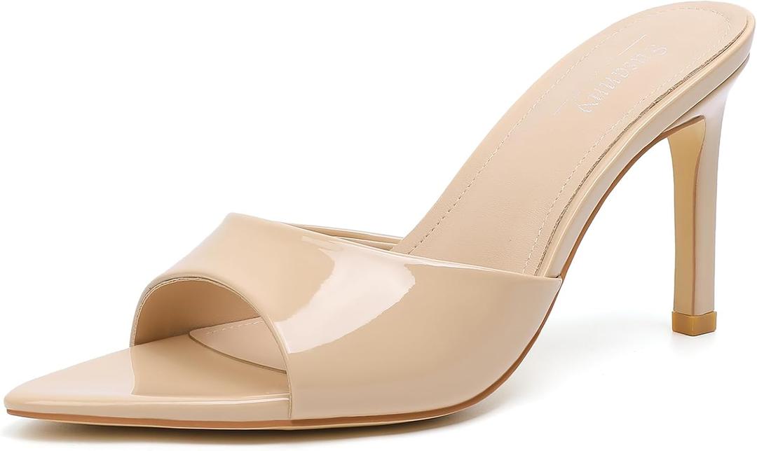 Susanny Women's Sandals Heels Mule High Heels Pointed Open Toe Sandals Sexy Slip on Heeled Summer Casual Wedding Prom Party Comfortable Dressy Shoes (7.5, Nude)