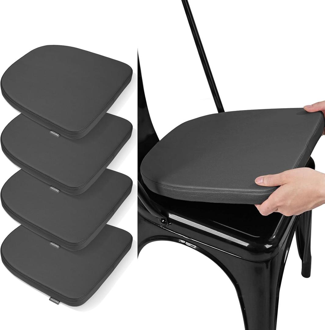 SINOSSO Modern Faux Leather 14" Metal Chair Cushions Set of 4, Leathaire Magnetic Chair Pads for Dining Kitchen Cafe Bistro Stackable Chairs (U-Shape, Black, 4)