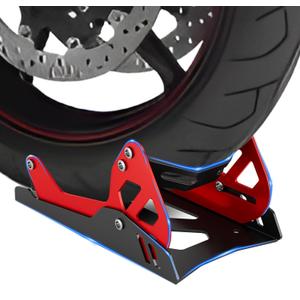 Heavy-Duty Steel Motorcycle Wheel Chock for Trailer Mount | Anti-Rust Black/Red Design | Universal Front Wheel Chock Stand for Dirt Bikes & Motorcycles | Compact & Portable (5.3H x 10.8L x 6.1W)