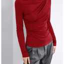 SweatyRocks Women's Ruched Long Sleeve Tops Asymmetrical Neck Fitted T Shirts Work Top Red Medium