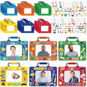 Fuutreo 96 Packs Father's Day DIY Craft Kits I Love Dad DIY Picture Frames with Stickers Tool Box Paper Photo Frames Happy Father's Day Gifts Craft for Party Decor