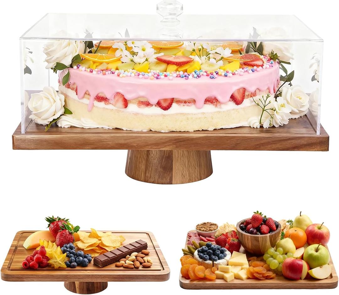 Acacia Wood Cake Stand with Lid, 17'' Rectangle Cake Holder
