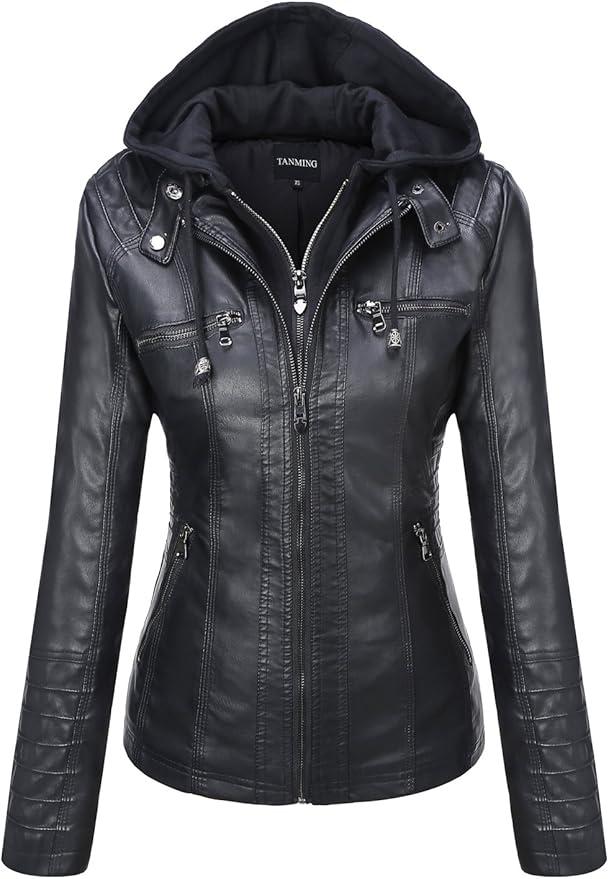 Faux Leather Jacket For Women Removable Hooded Moto Biker Outwear Coat, XXL