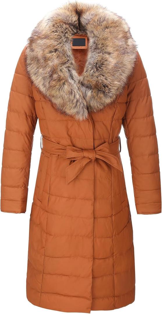 Women's Puffer Jacket Winter Plush Lining Long Coat with Removable Fur Collar Hooded and Belted 5528 Camel, Large