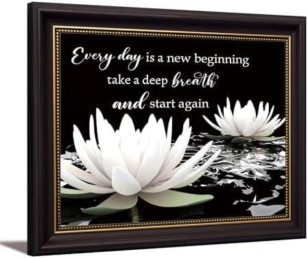 Dark Brown Frame Zen White Lotus Canvas Wall Art On In Water Blooming White Lotus Picture Wall Decor Spiritual Meditation Poster Print Painting for Modern Yoga Spiritual Spa Home Decoration