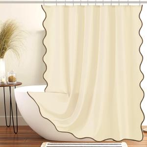 ORTIGIA Beige Shower Curtain with Brown Scalloped Edge 72 W x 84 H Inch Extra Long, Farmhouse Neutral Cream Aesthetic Boho Shower Curtain Waterproof Fabric Bath Bathroom Decor Metal Hook