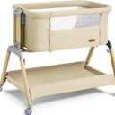 TotRun Bassinet Bedside Sleeper, Rocking Bassinets with Comfy Mattress and Wheels for Newborn, 5-Height Adjustable (Beige), Crib