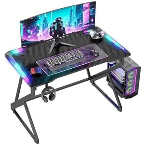Gaming Desk with LED Lights, 32 Inch Computer Desk Z Shaped Gamer Workstation, Gaming Table with Carbon Fiber Surface, PC Gamer Desk, Black
