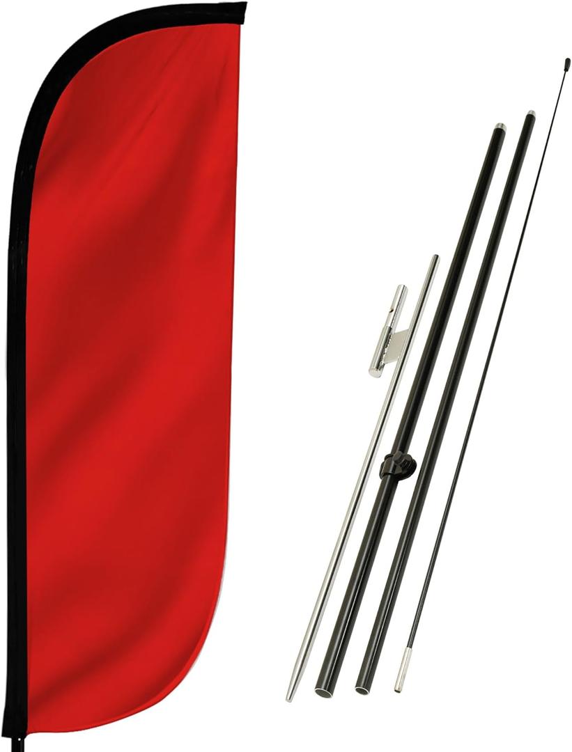 LookOurWay Feather Flag Pole Kit - 7 Feet Tall Advertising Flag Banner with Fiberglass Pole Set and Ground Spike for Business Promotion - Solid Colors - Red