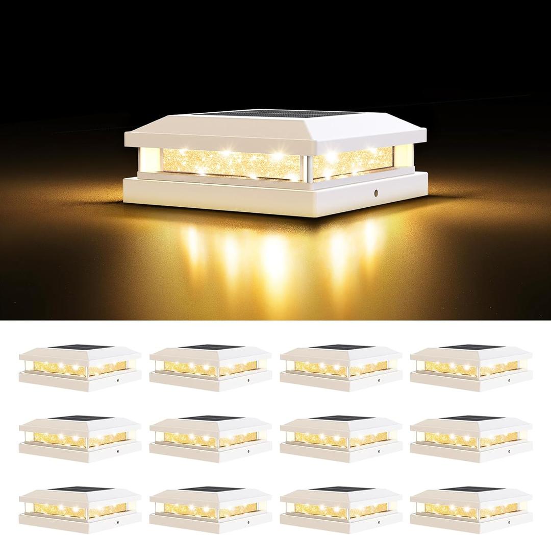 12-Pack Solar Post Cap Lights Outdoor, Waterproof Solar Powered Fence Post Lights for 4x4 4.5x4.5 5x5 Vinyl/Wooden, White Outside 16LEDs Warm/Cool Lighting Deck Light for Garden, Patio, Porch