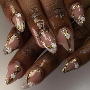 30Pcs Glitter French Tip Press on Nails Almond Short Fake Nails with 3D Flower Pearl Design Glossy Full Cover False Nails Artificial Almond Nails Press ons Holiday Flower Stick on Nail for Women