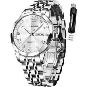 OLEVS Watch for Men Diamond Business Dress Analog Quartz Stainless Steel Waterproof Luminous Date Two Tone Luxury Casual Wrist Watch, Silver