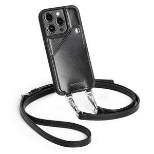 Leather Wallet Phone Case Compatible with iPhone 15 Pro,Crossbody Lanyards Wallet Phone Case for Women,Purse Flip Card Pouch Cover Case with Pouch Clip Card Holder Adjustable Wrist Strap Black