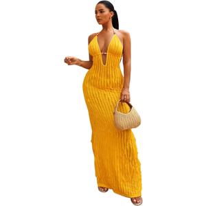 SISKIN Sexy Halter Backless Maxi Dress Sleeveless Deep V Neck Dress Beach Party Long Dresses (Yellow, S)