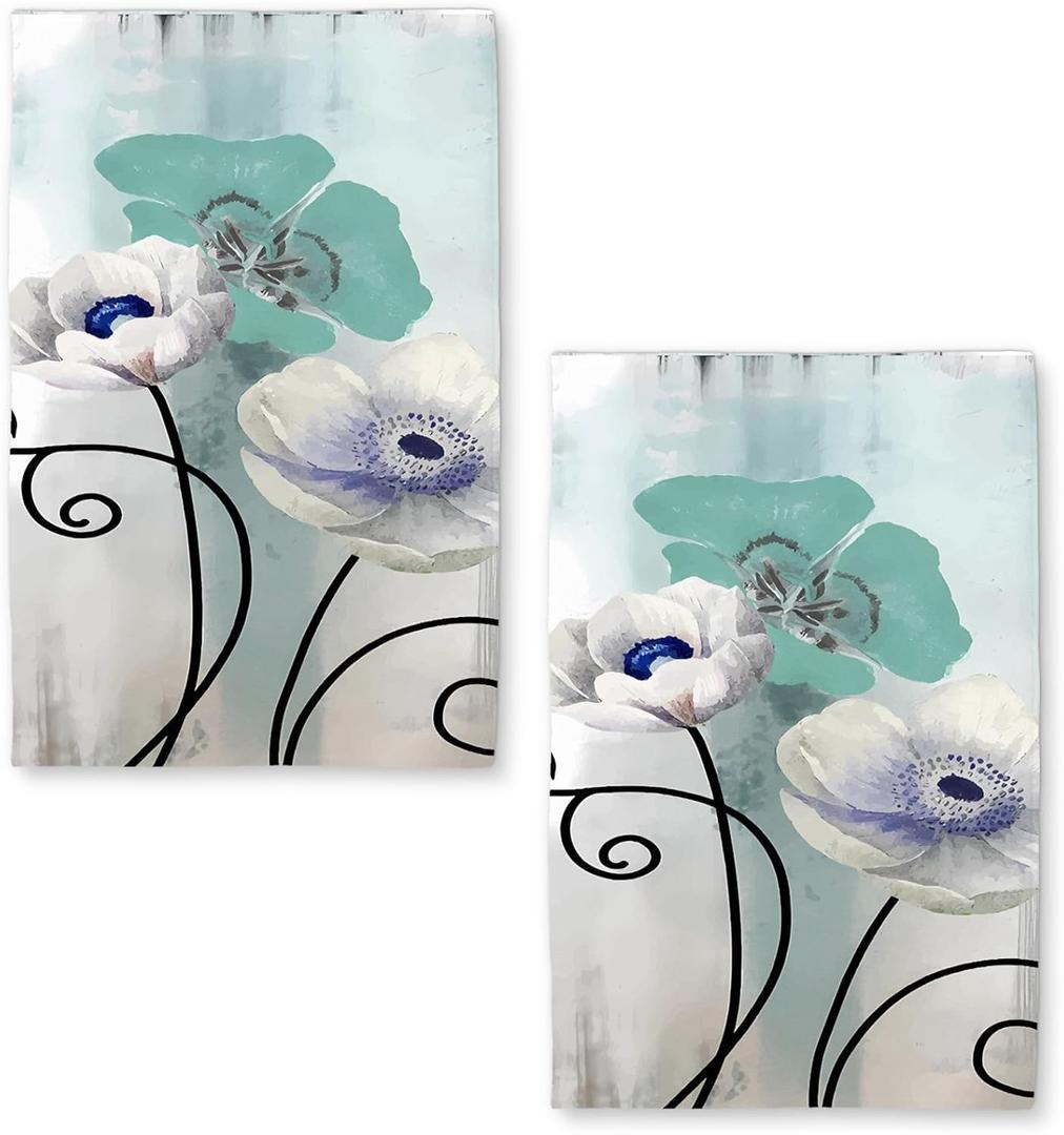 Floral Kitchen Towel Set, Quick Dry Microfiber Cloth Dish Towels 18" x 26", Ombre Art Teal White