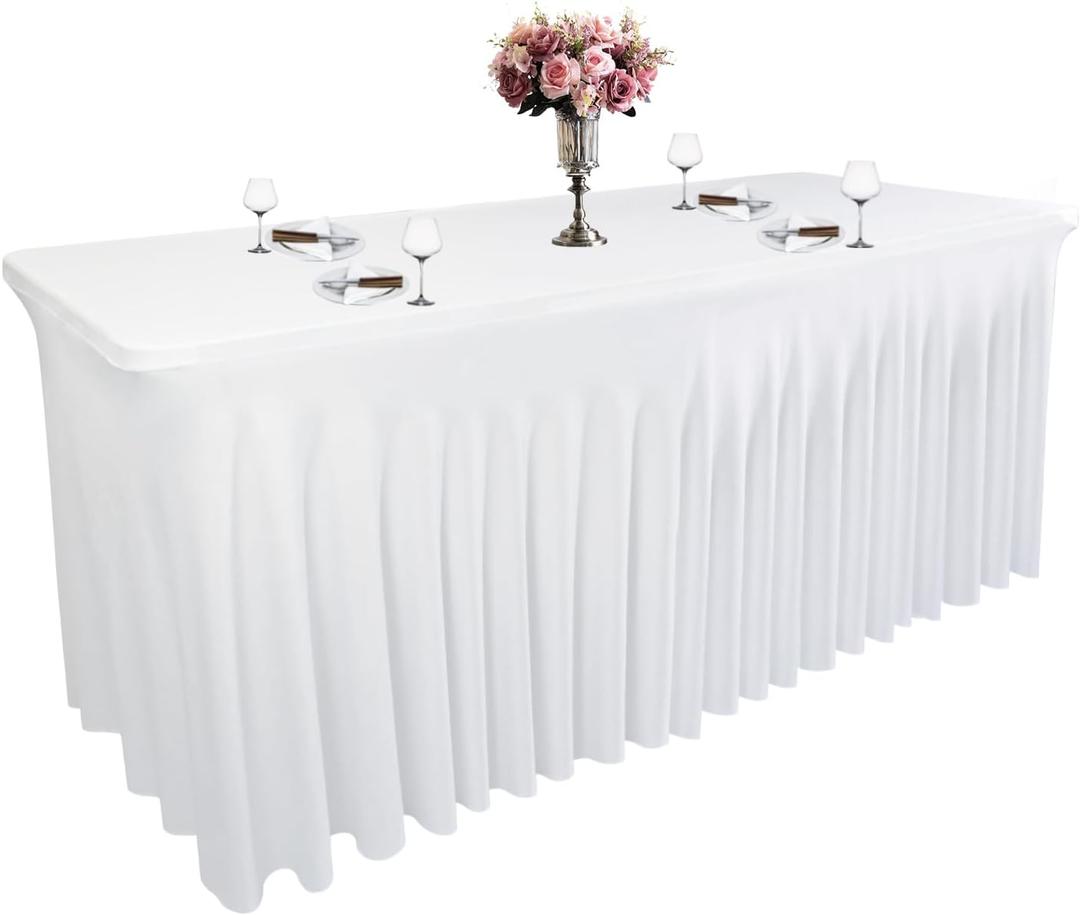 White Spandex Table Skirt for Rectangle Tables (4Ft) | 1-Pack Stretch Pleated Tablecloth for 48" L x 24" W x 30" H Rectangular Tables | Suitable for Banquets, Trade Shows, Birthday