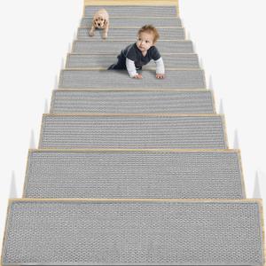 15PCS Non Slip Linen Carpet Stair Treads - 30" x 8" Skid Resistant Safety Rugs for Wooden Steps Indoor, Grey - Ideal for Kids, Elders & Pets